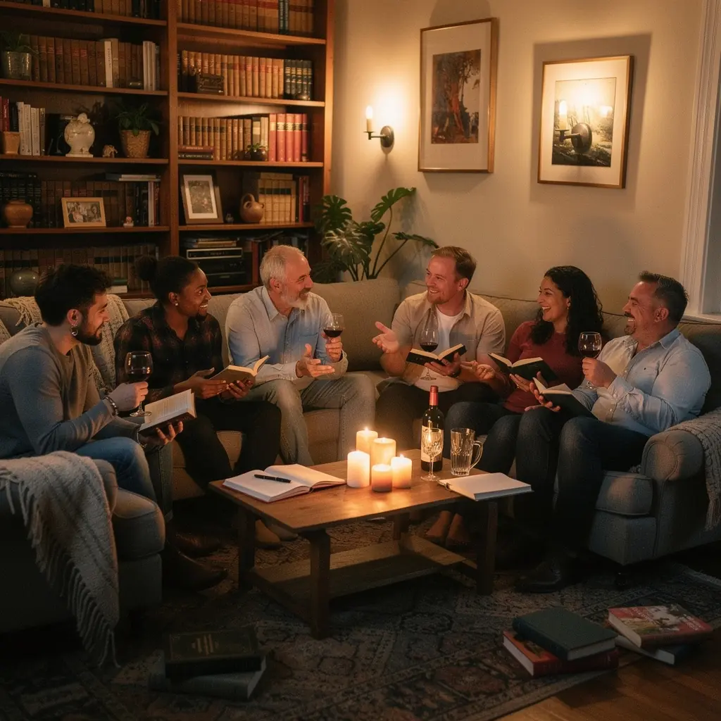 Eine einladende Buchauslage mit verschiedenen literarischen Werken und einem warmen Lichtschein im Hintergrund.