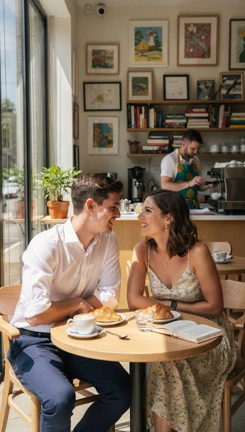 Eine dampfende Tasse Kaffee neben einem aufgeschlagenen Buch auf einem Holztisch in einem einladenden Café.