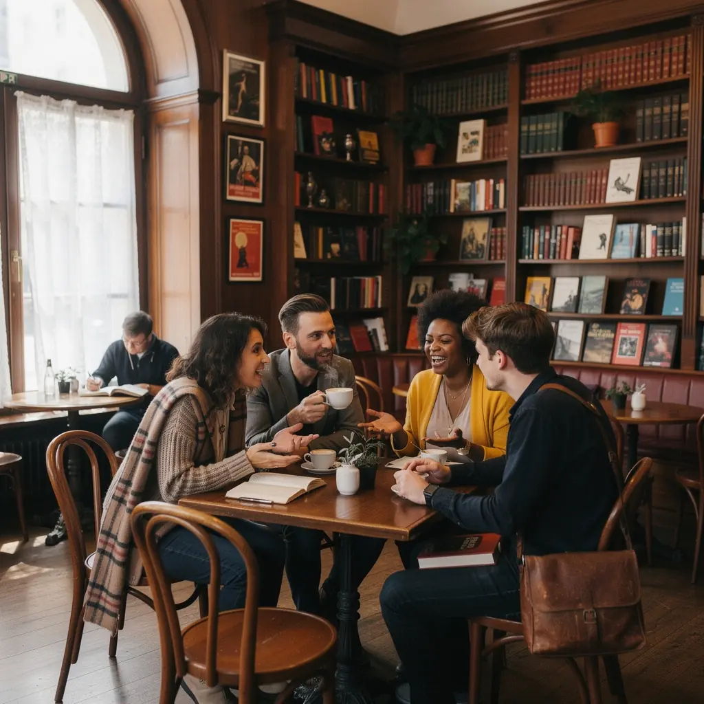 Eine Gruppe von Lesern, die engagiert über ein Buch diskutieren, während sie Snacks und Getränke genießen.