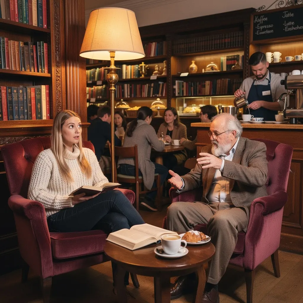 Ein gemütlicher Lesetisch im Café, umgeben von Bücherregalen und einer Tasse dampfendem Kaffee.