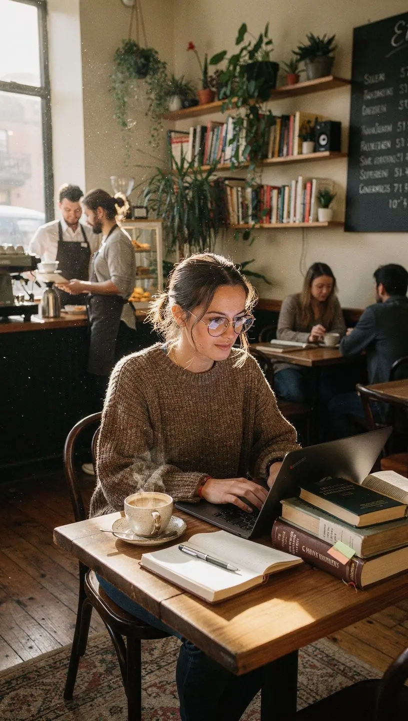 Eine gemütliche Leseecke im literarischen Café mit duftendem Kaffee und offenen Büchern.