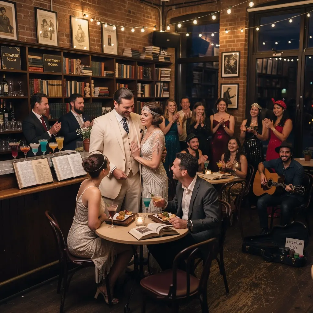 Eine Gruppe von Menschen, die angeregt Гјber ein Buch in einem einladenden CafГ© diskutieren.