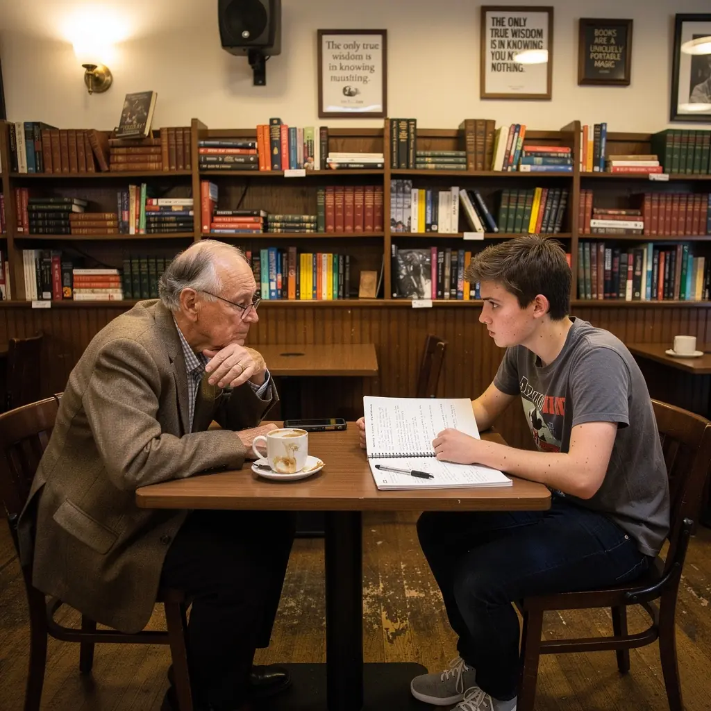 Ein einladendes Café-Ambiente mit warmem Licht und stilvollen Möbeln.